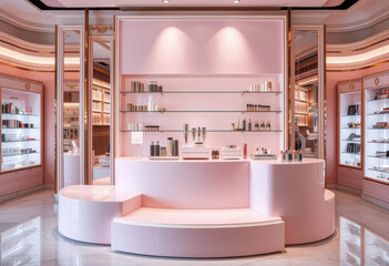 Podio de cosméticos de lujo con elegantes estantes de vidrio, suaves tonos rosados ​​y delicados detalles dorados, ubicado en una tienda de belleza de alta gama
