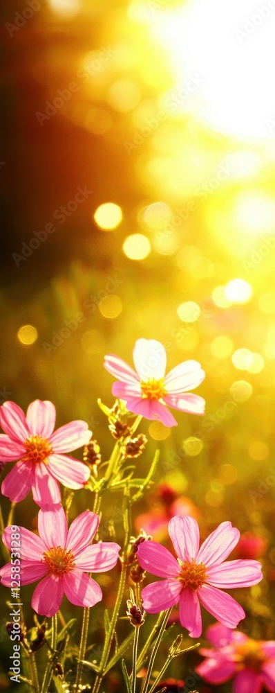 Poster a vibrant field of pink flowers glows in the warm sunlight, creating a serene and cheerful atmospher