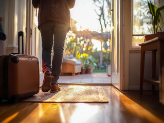 Woman leaving home with suitcase for summer vacation at sunrise