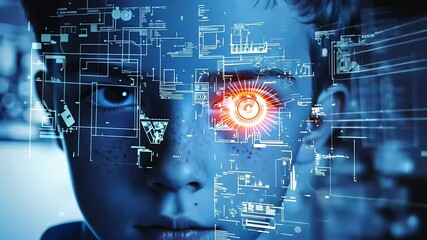 Boy's Face Overlaid with Futuristic Digital Interface and Data Streams - Powered by Adobe