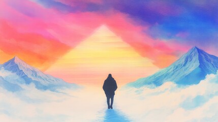 A lone figure walks towards a radiant pyramid-shaped light in a surreal, colorful mountain landscape.