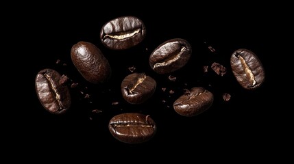 Close-up view of roasted coffee beans scattered against a black background, highlighting their rich texture and color for coffee enthusiasts.