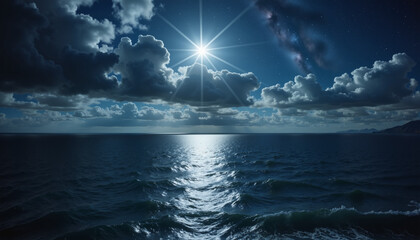 Moonlight reflecting on tranquil ocean under starry sky, serenity