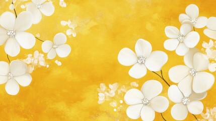 White flowers on yellow textured background.
