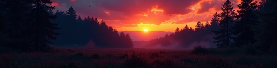 Warm flames dance across a darkened forest landscape at dusk, flames, forest, sunset