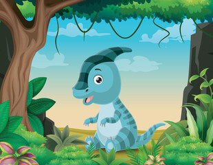 Cartoon baby parasaurolophus sitting on the jungle