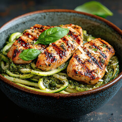 Grilled chicken with zucchini noodle in dark ceramic bowl garnished with basil leaf and sauce drizzle
