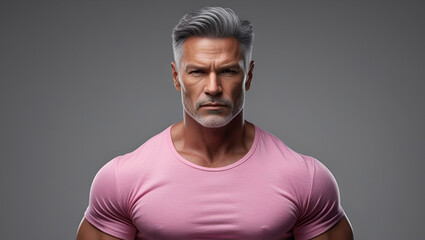 Obraz premium A studio portrait of a confident, mature man wearing a pink t-shirt