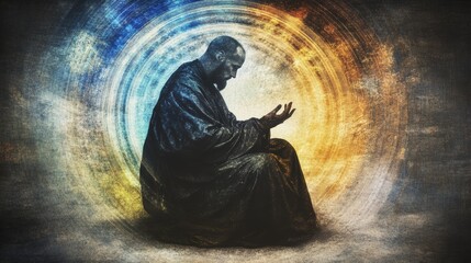 Obraz premium A man sits in prayer, bathed in ethereal light. His posture suggests serenity and contemplation. The image evokes feelings of peace and spirituality.