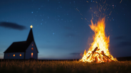 easter religious service. vibrant bonfire flickers outside church under starry sky