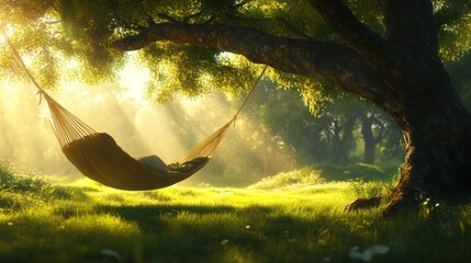 Serene hammock nap under sunlit tree in lush green meadow.