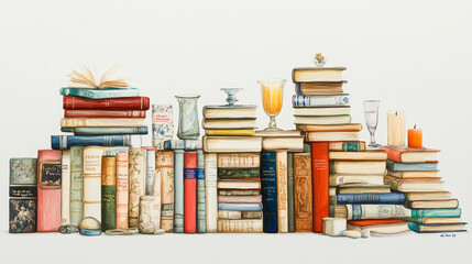 Piles of books isolated on white background. Vector cartoon illustration of literature stacks, fairy tale, novel, encyclopedia, textbook collection, aroma candle and glasses, bookshelf design elements