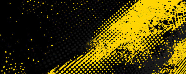 Abstract Black and Yellow Grunge Background with Halftone Dots and Brush Strokes