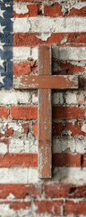 Rustic Cross Symbolism Against an Aged American Flag Painted on Brick Wall for Faith and Patriotism