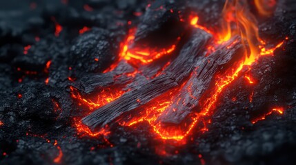 Close-Up of Firewood Catching Fire with Detailed Flames and Glowing Embers in a Dramatic Setting