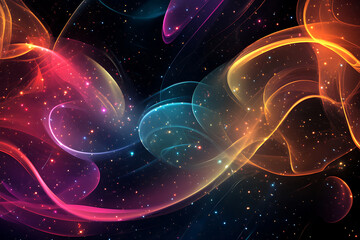 abstract cosmic design featuring colorful flowing light waves against a starry galaxy background. The vibrant swirls of red, orange, blue, and purple create a futuristic and ethereal space scene.