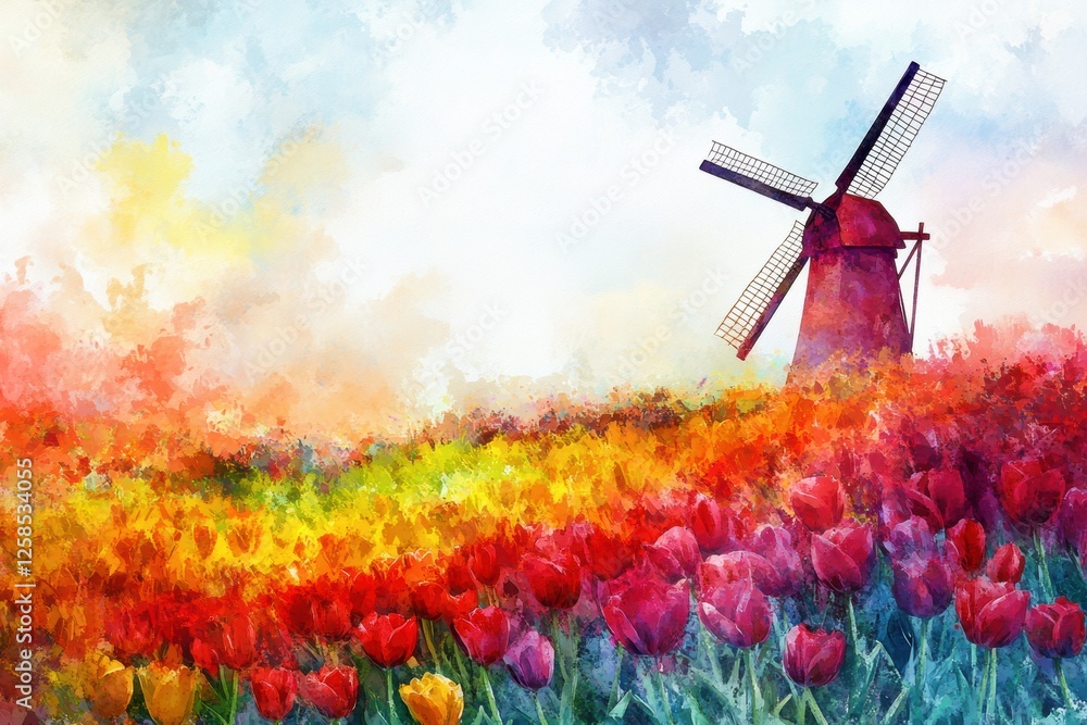 Aufkleber colorful watercolor illustration of tulip fields with a windmill in vibrant spring colors and clean 