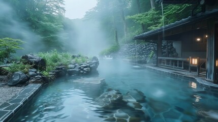 A calming view of a hot spring in the woods, perfect for articles about relaxation, spa treatments or travelling in nature.