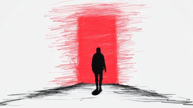 Silhouette of a person standing before a vibrant red doorway, symbolizing a pivotal moment or transition.