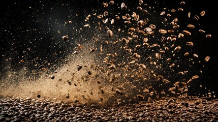 Dynamic image of coffee beans being scattered, showcasing the texture and essence of freshly roasted coffee. Ideal for beverage lovers.