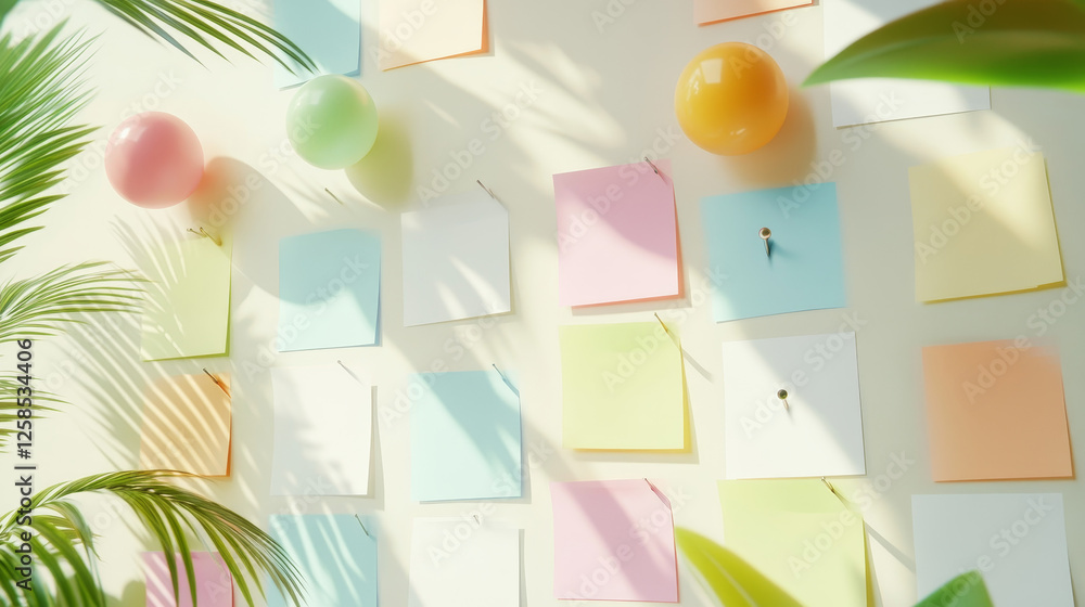Aufkleber memo note paper sheets attached with adhesive tape and pins. white and colorful notepad pages and st