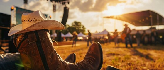 A picture of a man in a cowboy hat and boots at a festival, great for feature articles about music, travelling and cultural events.