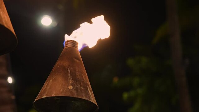 Traditional tiki torches burn brightly at night, with flames flickering and palm trees faintly visible, creating a lively tropical ambiance.