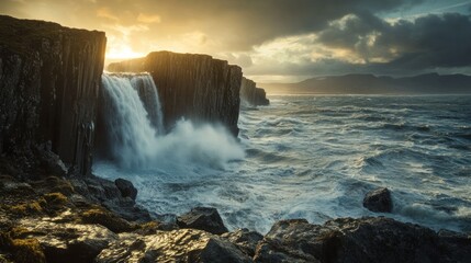 Obraz premium Majestic Waterfall Crashing into a Turbulent Ocean at Sunset