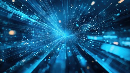 Dynamic visual representation of digital data streams, showcasing vibrant blue tones and light particles in motion, symbolizing technology and innovation.
