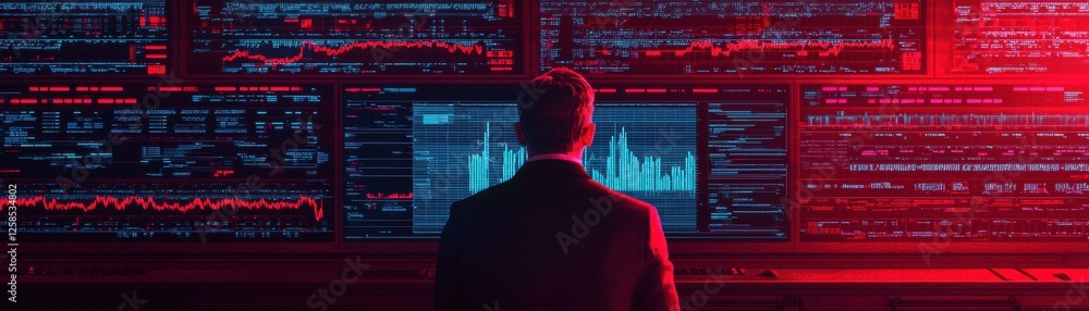 Poster business professional analyzes data on multiple screens in red light.
