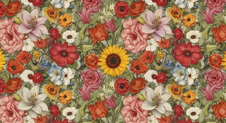 Colorful Floral Pattern with Roses, Lilies, Tulips, and Sunflower