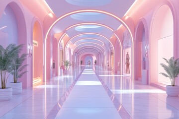 A futuristic hallway featuring elegant arches, soft pink lighting, and lush greenery, creating a serene and stylish atmosphere.
