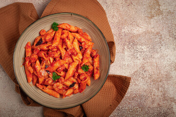 Penne pasta, with shrimp in tomato sauce, close-up, no people,