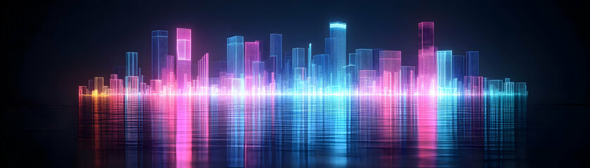 Neon Cityscape, Digital Skyline Reflects Vibrantly in Calm Waters, Showcasing Futuristic Urban Design with Glowing Towers and Buildings at Night.