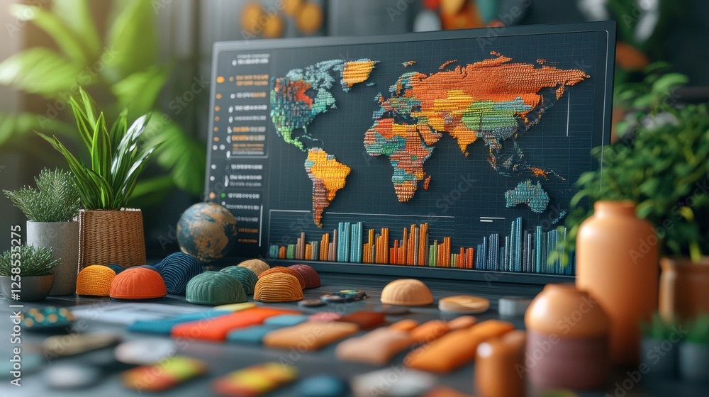 Poster a colorful world map displayed alongside various decorative items and plants, creating an inviting, 