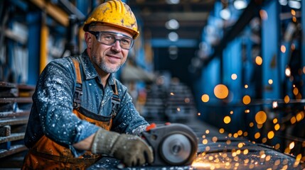 Worker operating a cutting tool in a manufacturing facility during the day with sparks flying around