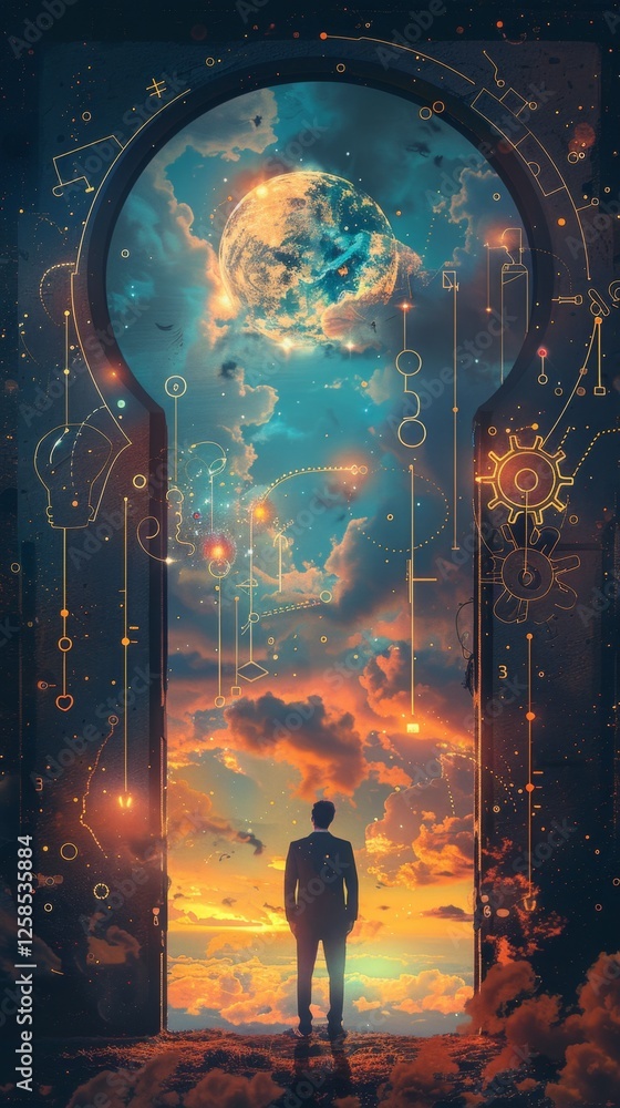 Poster exploring the gateway to imagination with cosmic landscapes and a figure in contemplation
