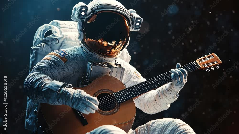 Poster astronaut plays guitar in space while floating in zero gravity
