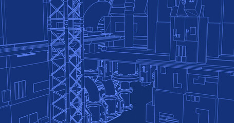 Blue line drawing industrial building large pipes cables vector illustration flat design outline high detailed blueprint