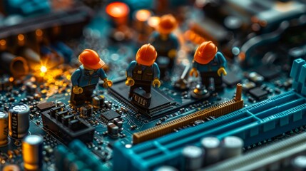 Miniature construction workers repairing a circuit board in a detailed electronics workshop environment