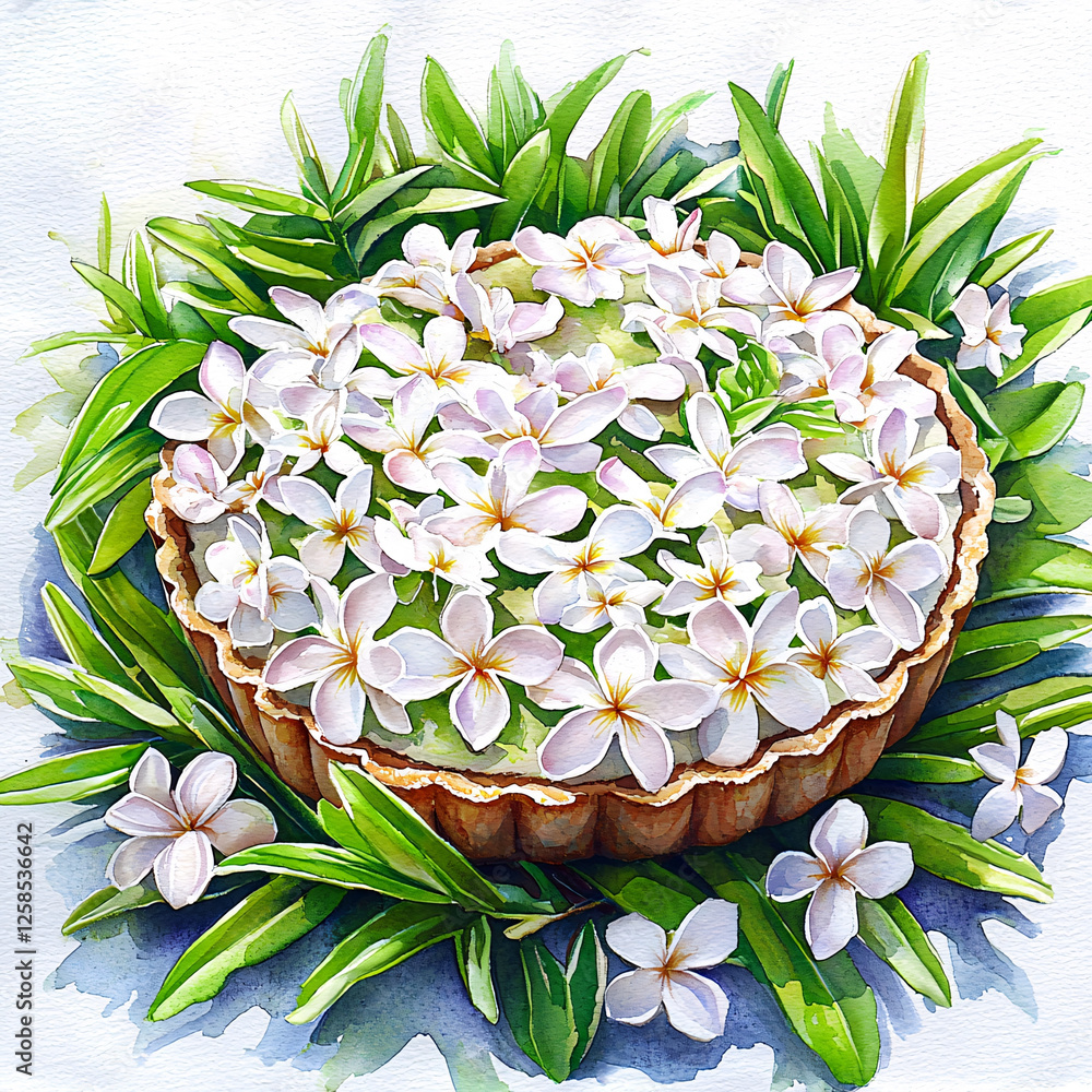 Poster Watercolor painting of a tart filled with white plumeria flowers and surrounded by vibrant green leaves.