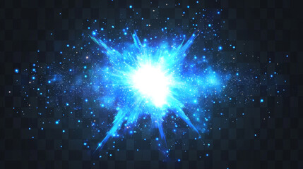 Fototapeta premium Blue explosion glow with bright light, rays and dust around flash with transparent effect. Realistic vector illustration set of magic energy glare with beams and sparkles. Star burst with radiance.