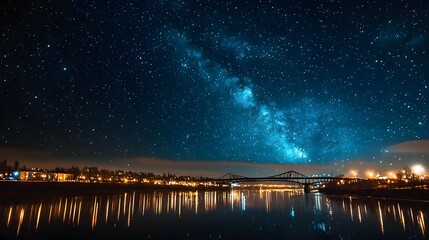 Cityscape At Night Under Starry Sky With Milky Way And River Reflection
