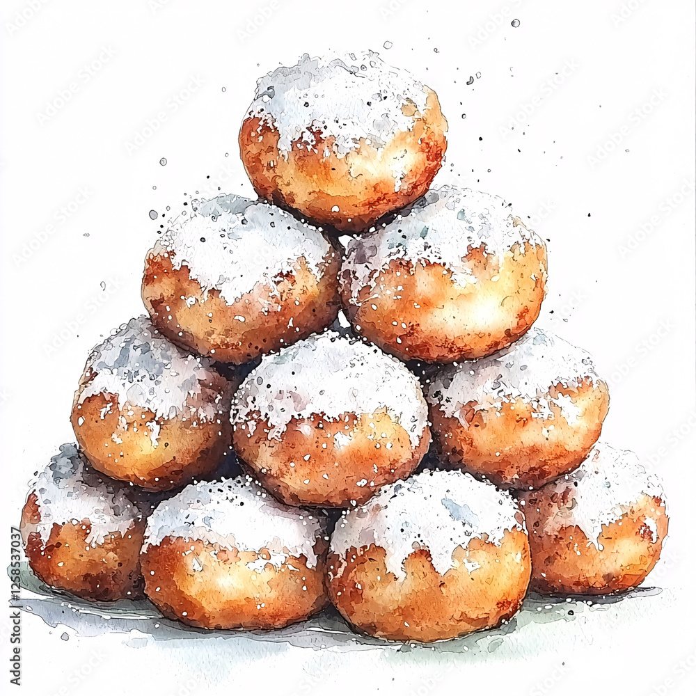 Wall mural Watercolor painting depicting a pyramid stack of round pastries, generously topped with powdered sugar.