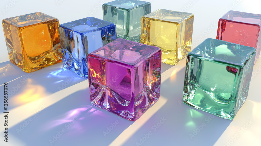 Poster realistic set of 3d glass cubes in different colors isolated on transparent background. vector illus