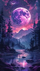 Fototapeta premium Vibrant night sky over mystical mountains with a large glowing moon and serene river in the foreground