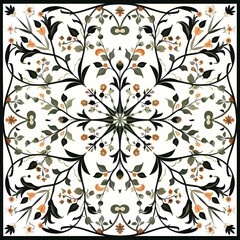 Repeating Moroccan Botanical Pattern with Intertwining Vines and Floral Motifs in Olive Green and Amber Tones