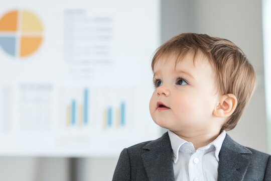 Baby Boy in Business Attire Facing Corporate Presentation Background