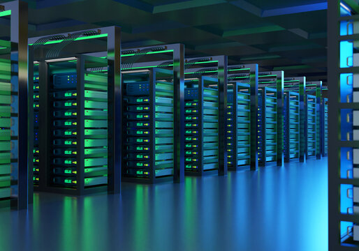 Server room. Data center interior. Hosting company. Server room with equipment on shelves. Telecommunication equipment with neon glow. Server technologies. Modern data center. 3d image