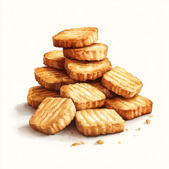 Watercolor illustration of a small stack of rectangular golden brown cookies with distinctive ridged patterns.